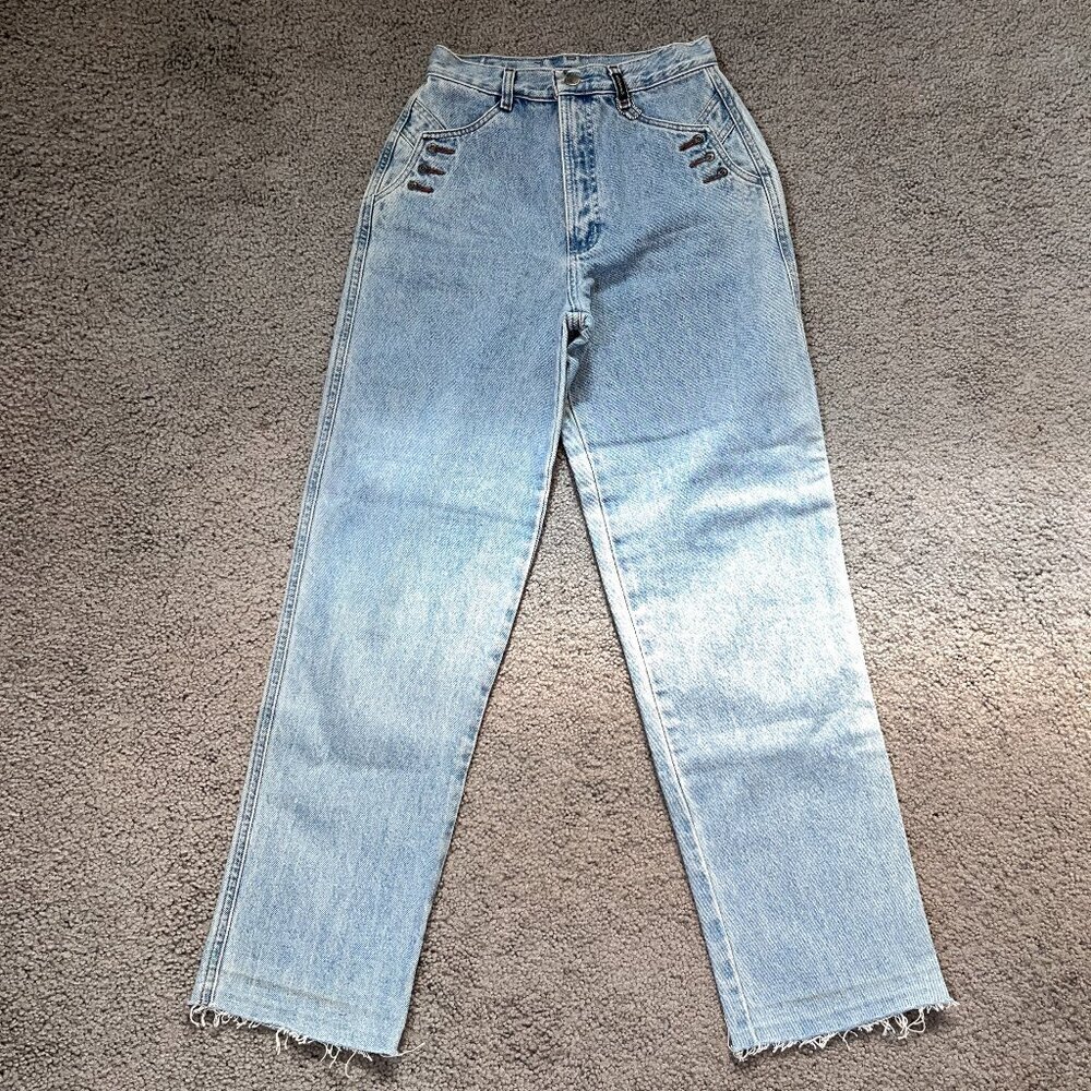 VINTAGE AUTHENTIC ROCKIES JEANSWEAR  RIGID DENIM WESTERN BLUE JEANS  RAW HEM  28